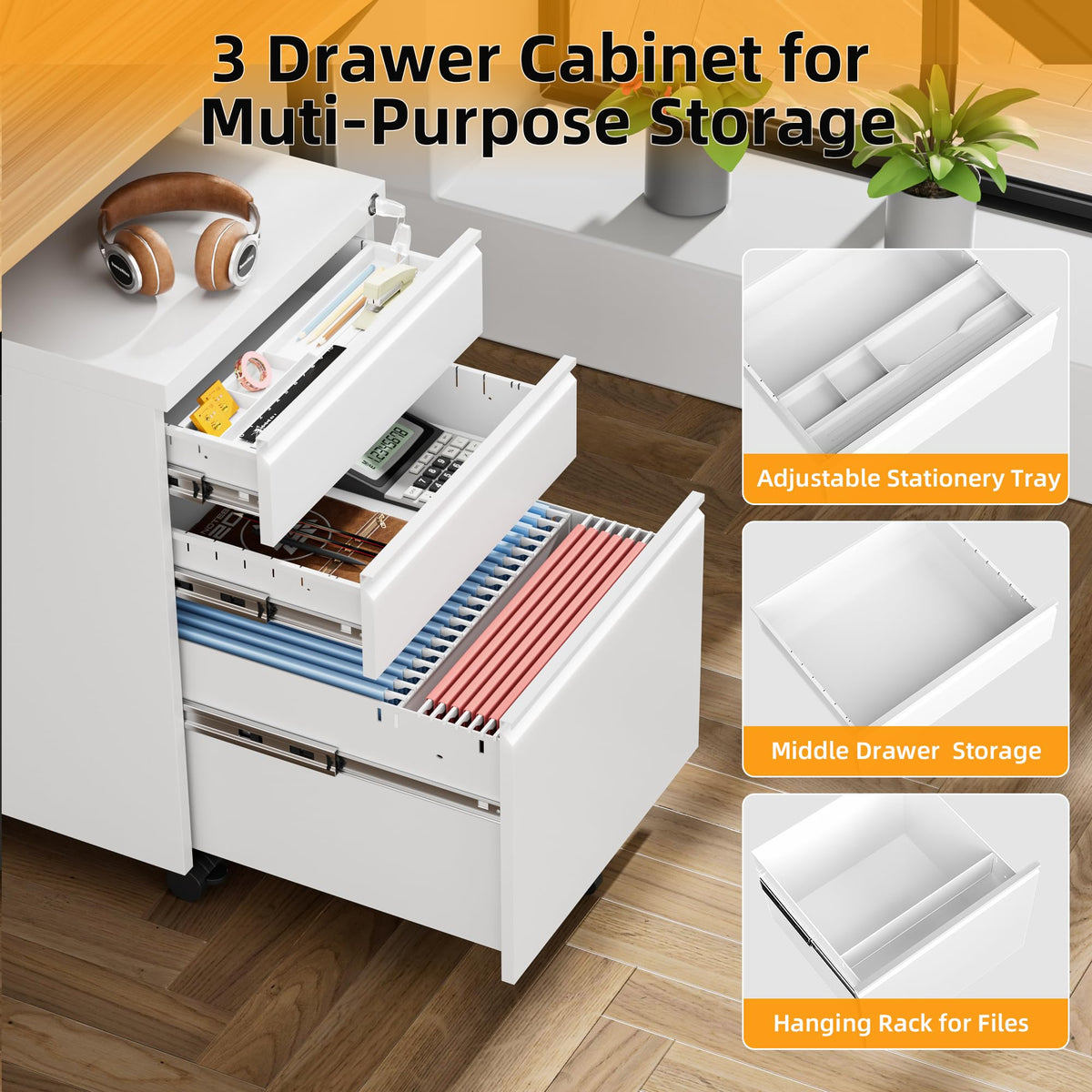 White 3 Drawer Filing Cabinet with Lock J950