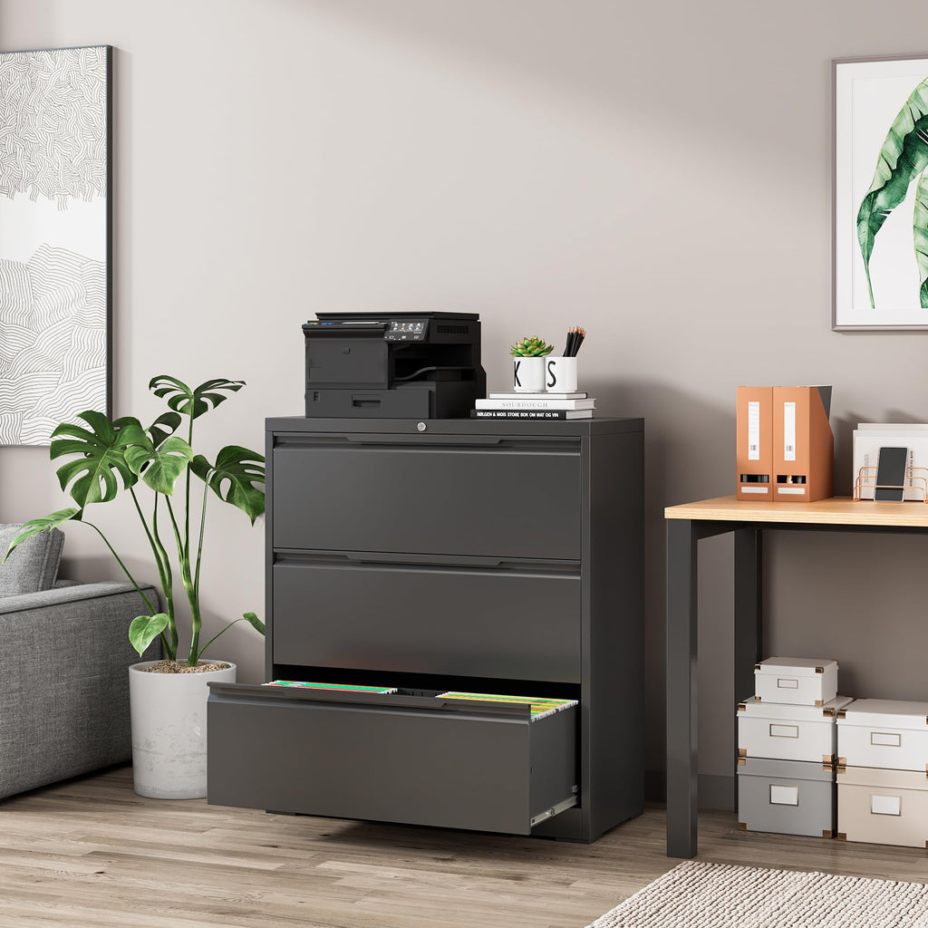 Black 3 Drawer Lockable Metal Lateral File Cabinet C100426