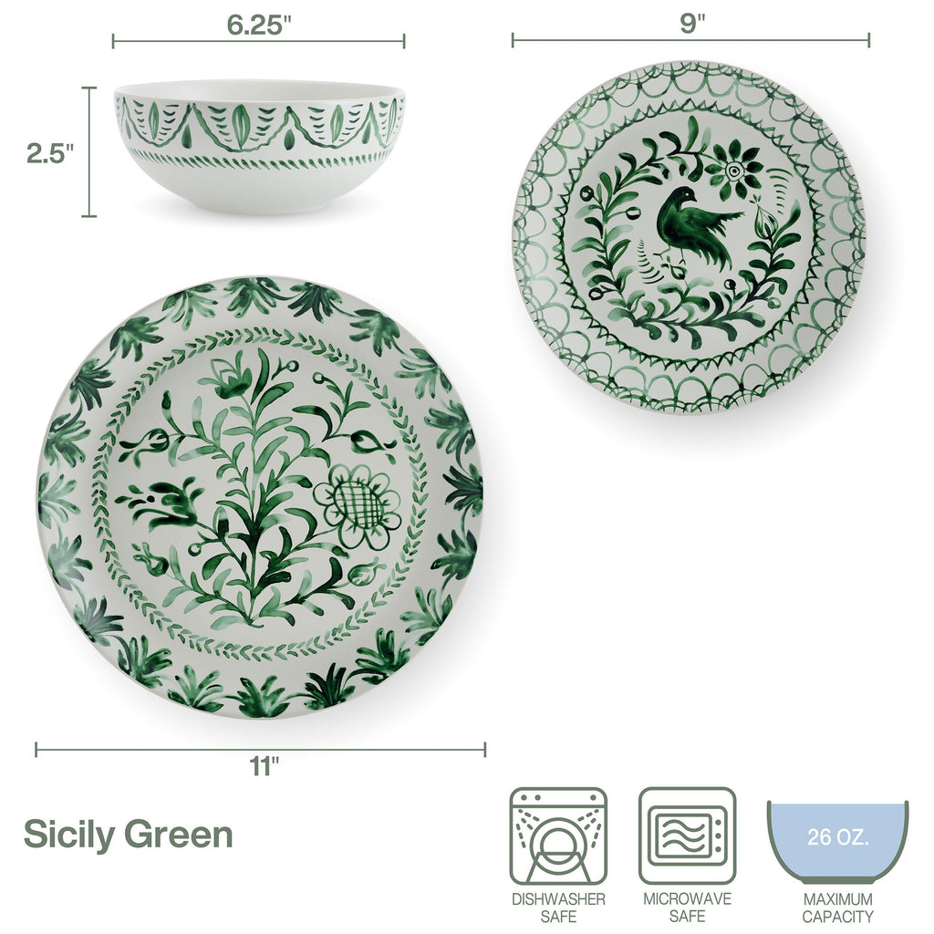 Green 12-Piece Stoneware Dinnerware Set D34490