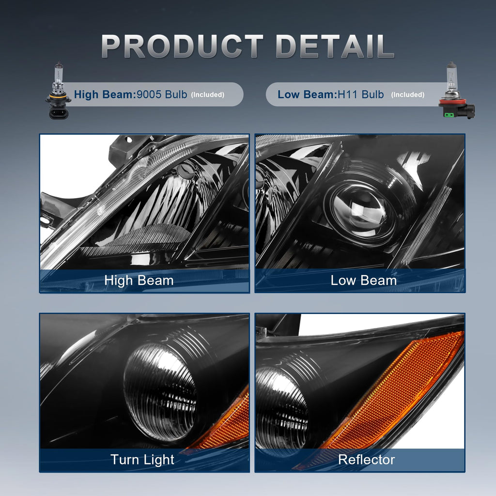Headlights Assembly Replacement Compatible with Toyota Camry Halogen with Clear Lens Black Housing Amber Reflector Front Lamps Driver and Passenger Side S545