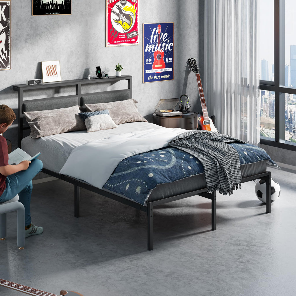Full Size Black Platform Bed with LED Lights & Charging C798