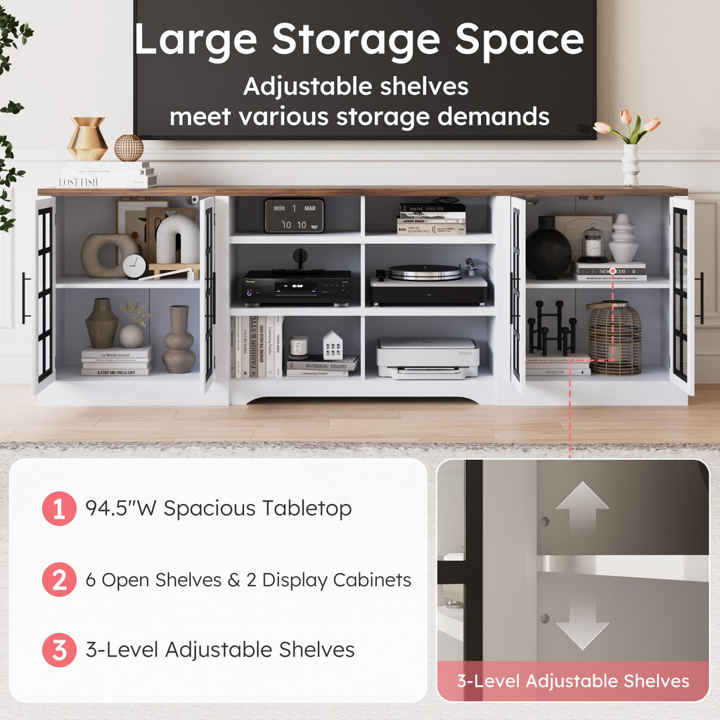White Black TV Stand with 2 Cabinets and 3-Tier Shelves P67481