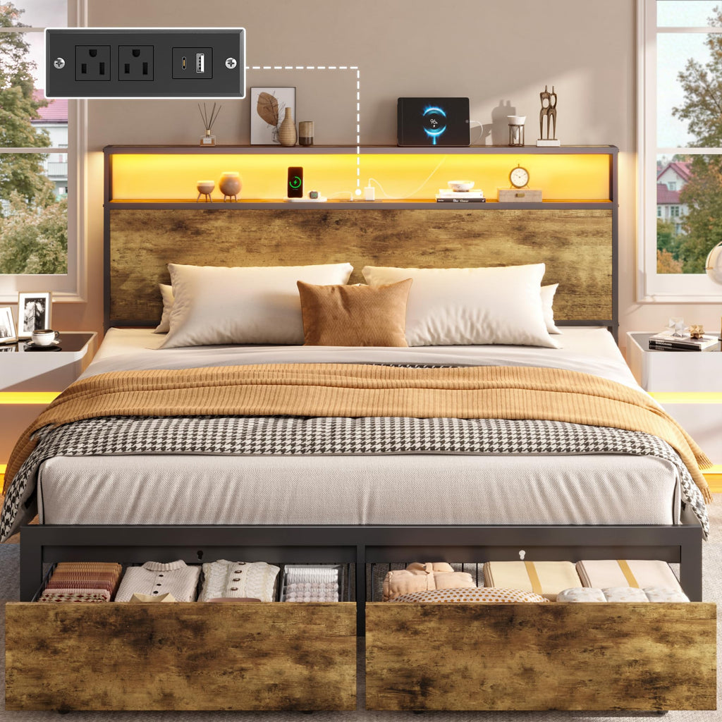 Queen Metal Bed Frame with Storage Headboard and 2 Drawers A100388