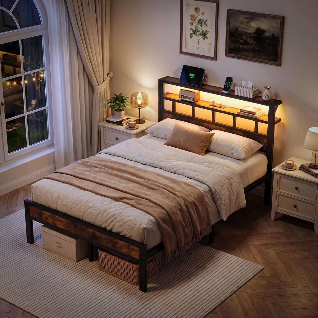 Metal Platform Bed with Charging Station and LED P454