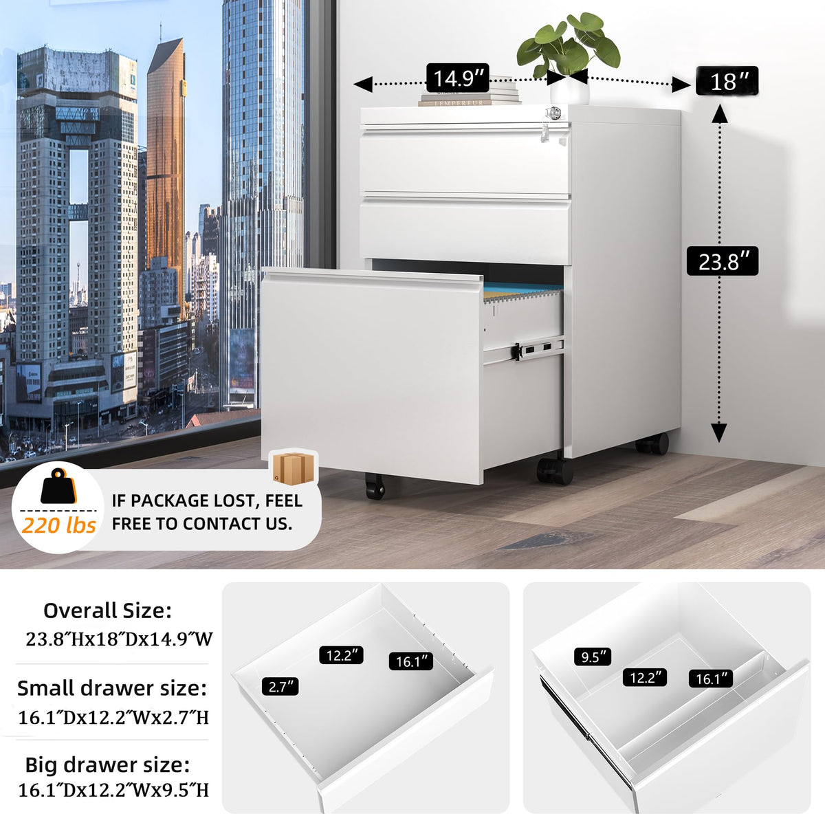 White 3 Drawer Filing Cabinet with Lock J950