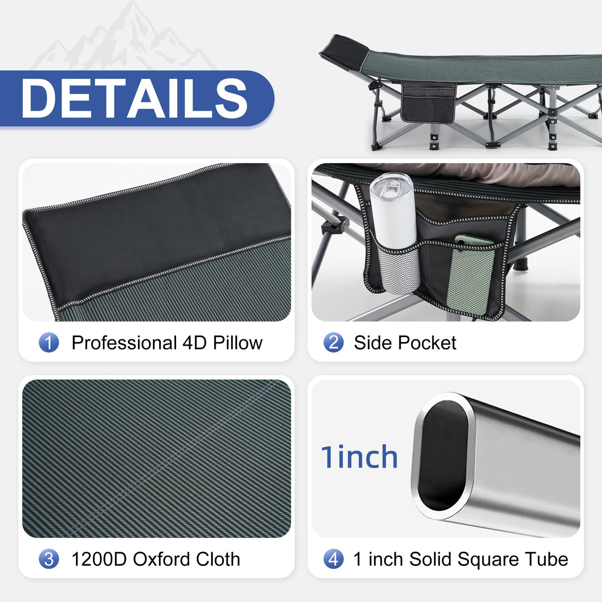 Blue Camping Cot with Cushion, Pillow and Carry Bag E57134
