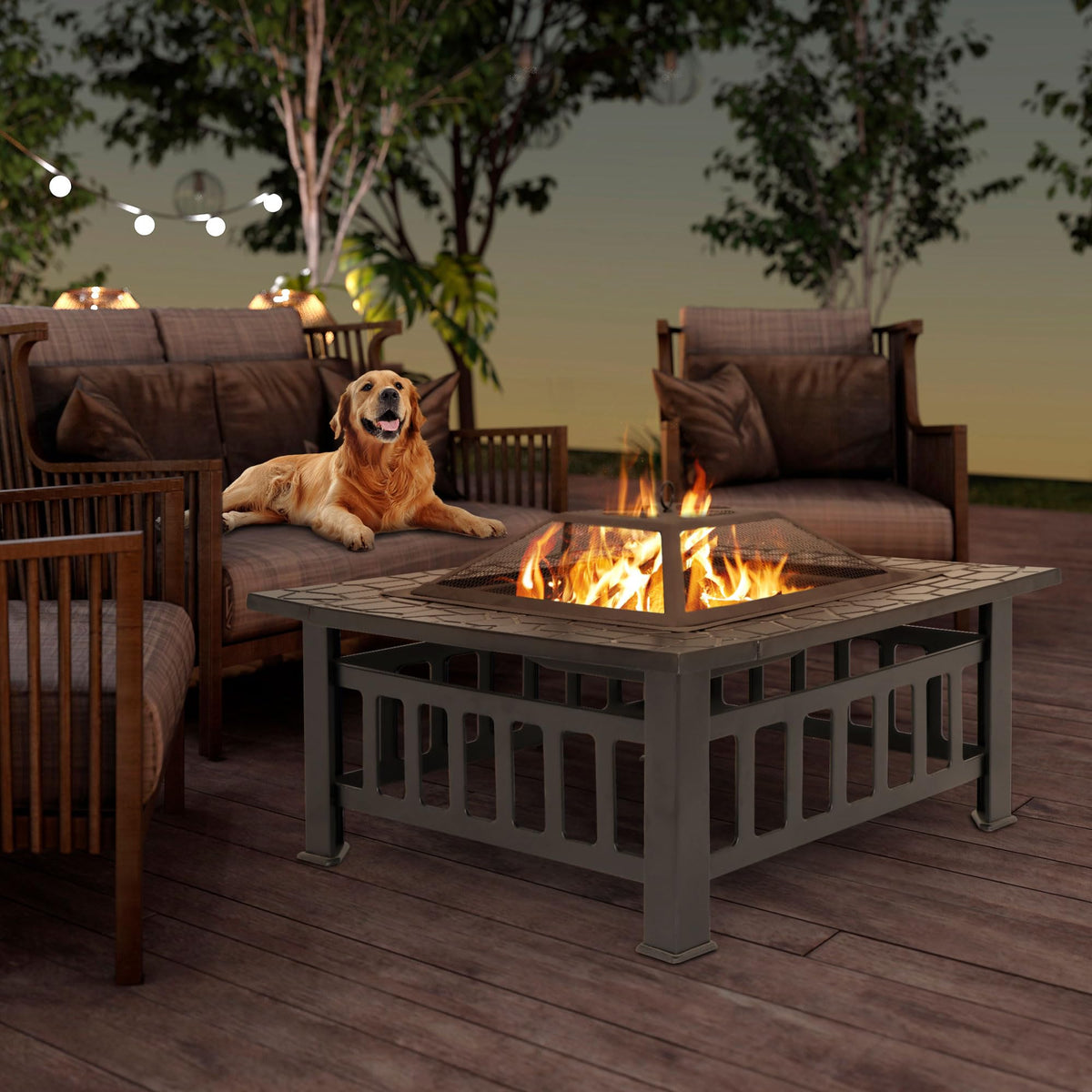 32 Inch Square Metal Outdoor Fire Pit with Spark Screen Lid and Waterproof Cover O834