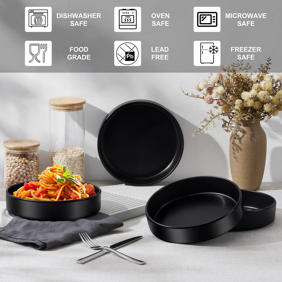 Black Ceramic Pasta Bowls Set of 4 Q229