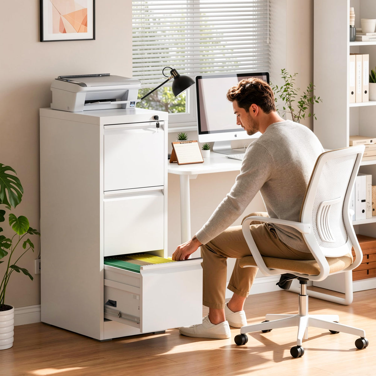 White 3 Drawer Metal File Cabinet with Lock T9136