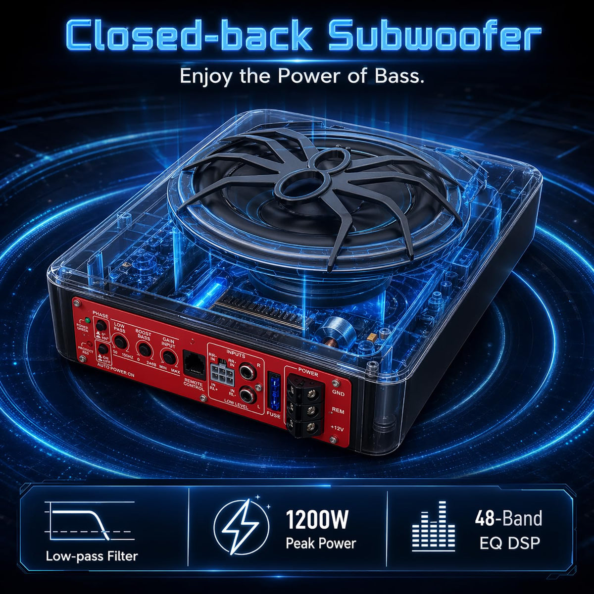 1200W Slim Under-Seat Powered Car Subwoofer with Built-in Amp R659777