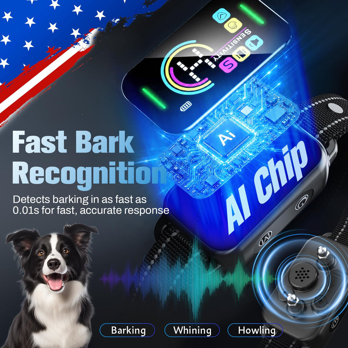 Smart AI Bark Collar with Beep Vibration IP67 Waterproof Jet Black Z91415
