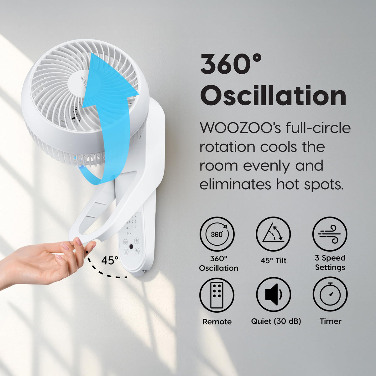 Wall Mount Fan with Remote, 360° Oscillation, 3 Speeds, White P9902