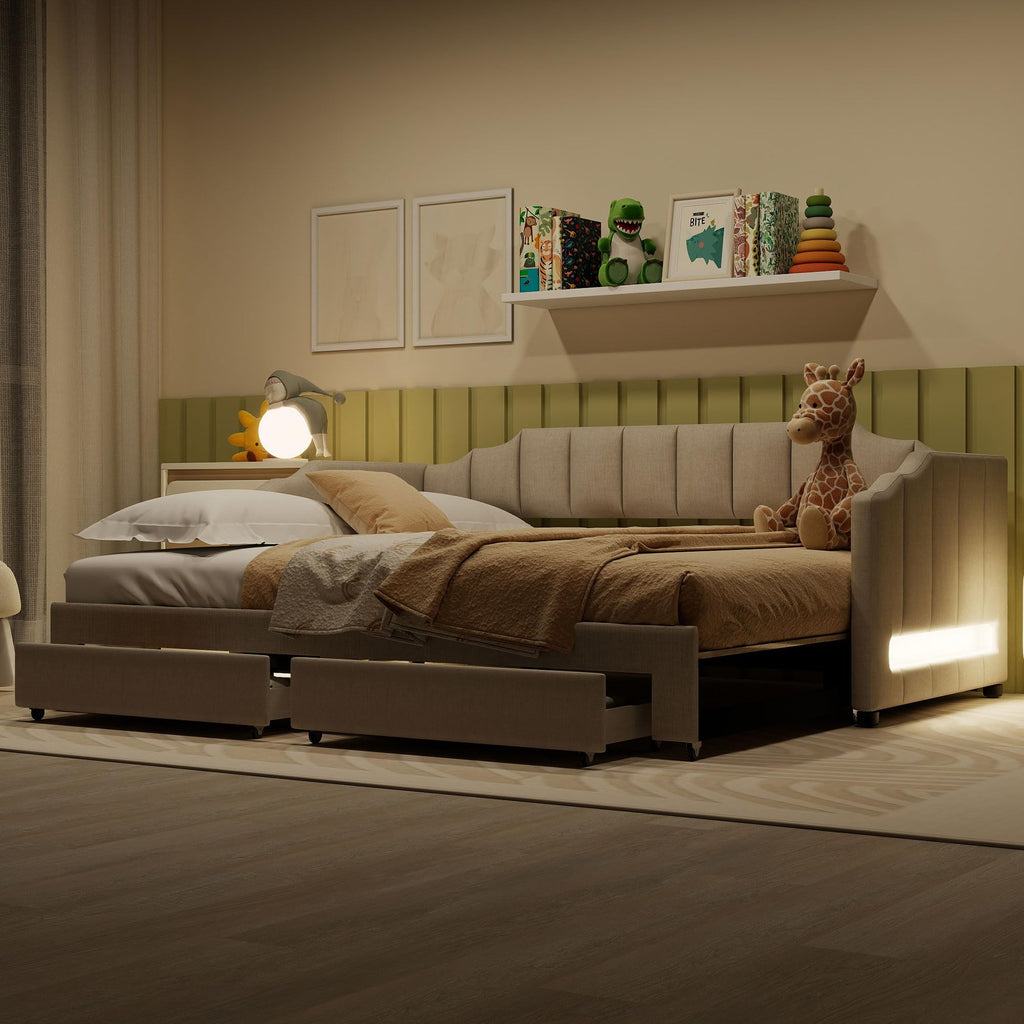 Twin XL to King Size Upholstered Daybed with Trundle and 2 Storage Drawers O660