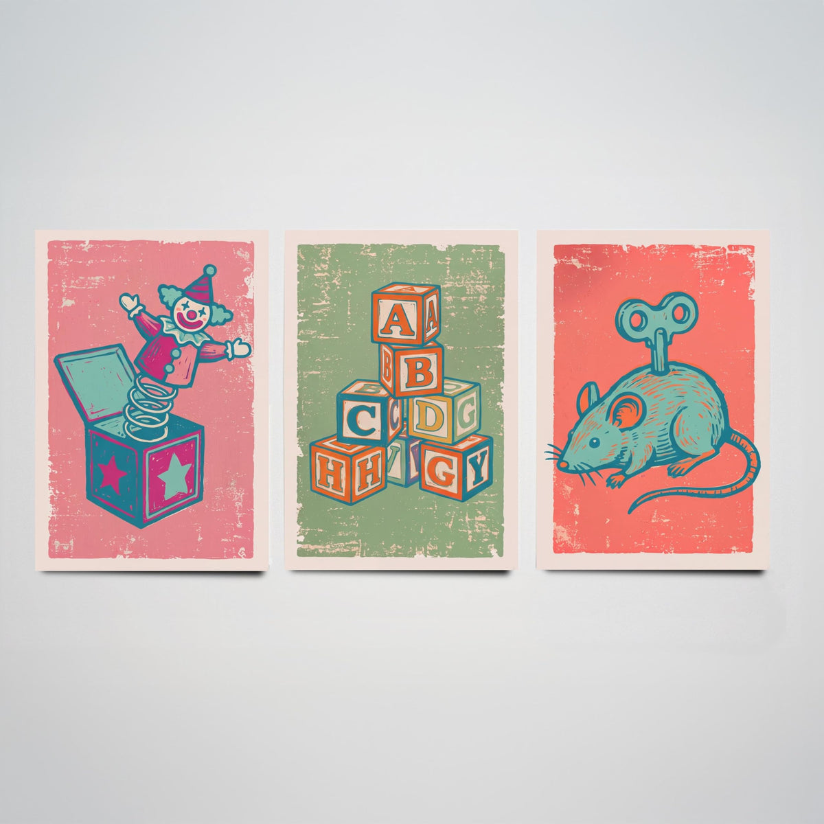 Art Prints Set of 3 Retro Linocut Style M22579