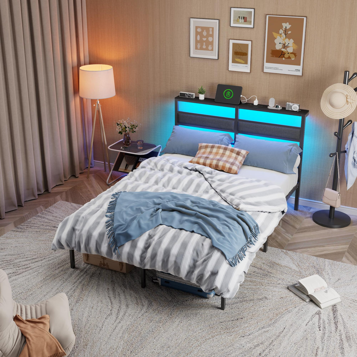 Full Size Black Platform Bed with LED Lights & Charging C798