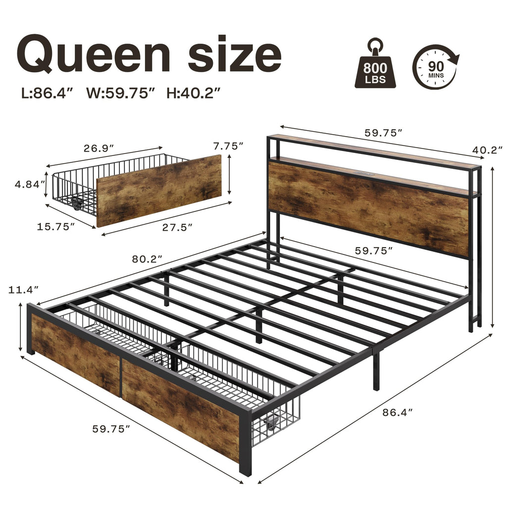 Queen Metal Bed Frame with Storage Headboard and 2 Drawers A100388