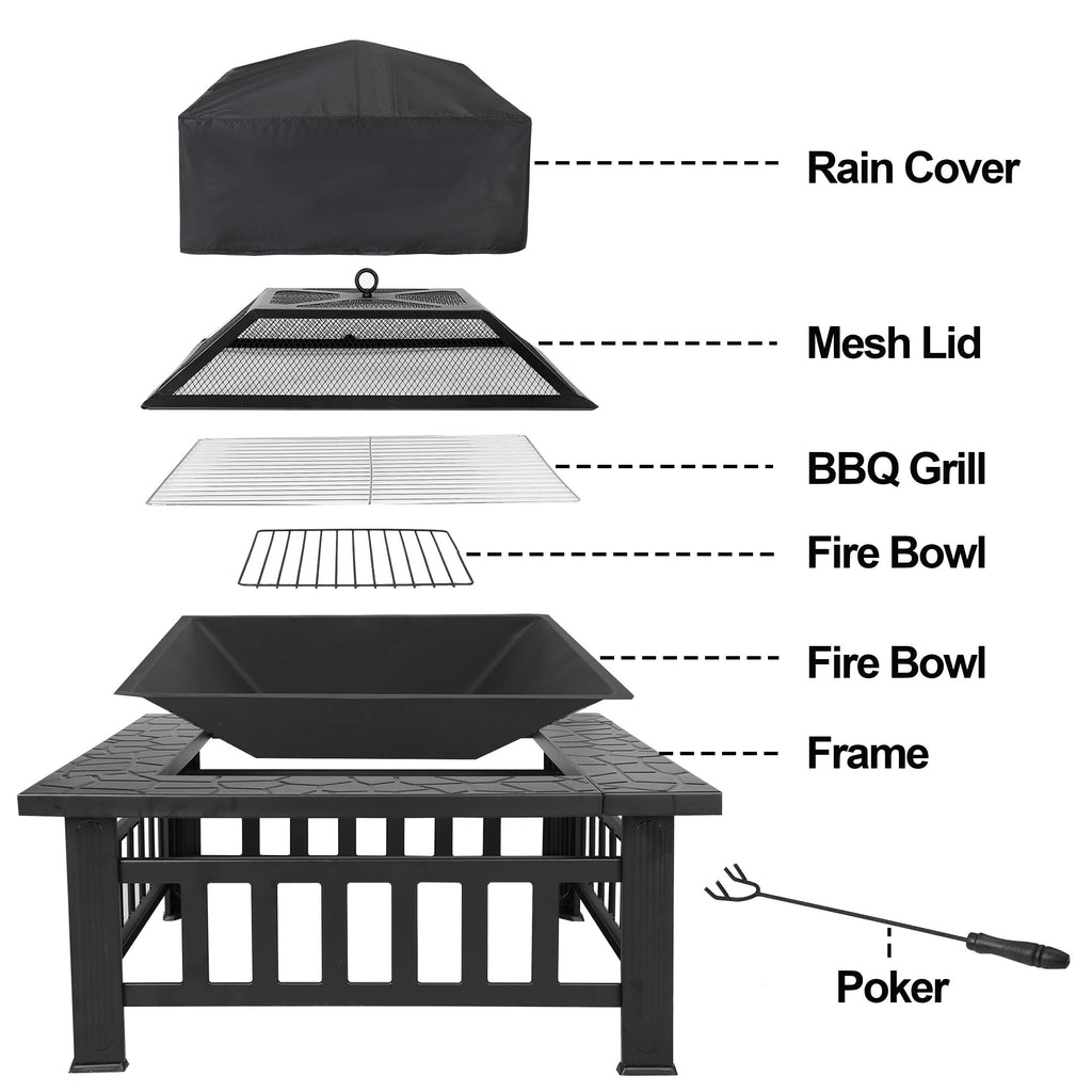 32 Inch Square Metal Outdoor Fire Pit with Spark Screen Lid and Waterproof Cover O834