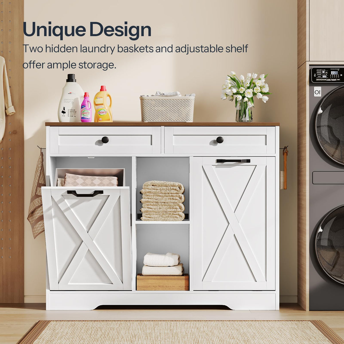 White and Walnut 23 Gallon Laundry Hamper Cabinet with 2 Drawers X8389