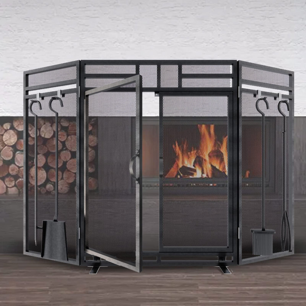 Black 3 Panel Foldable Metal Fireplace Screen with Tools N977915