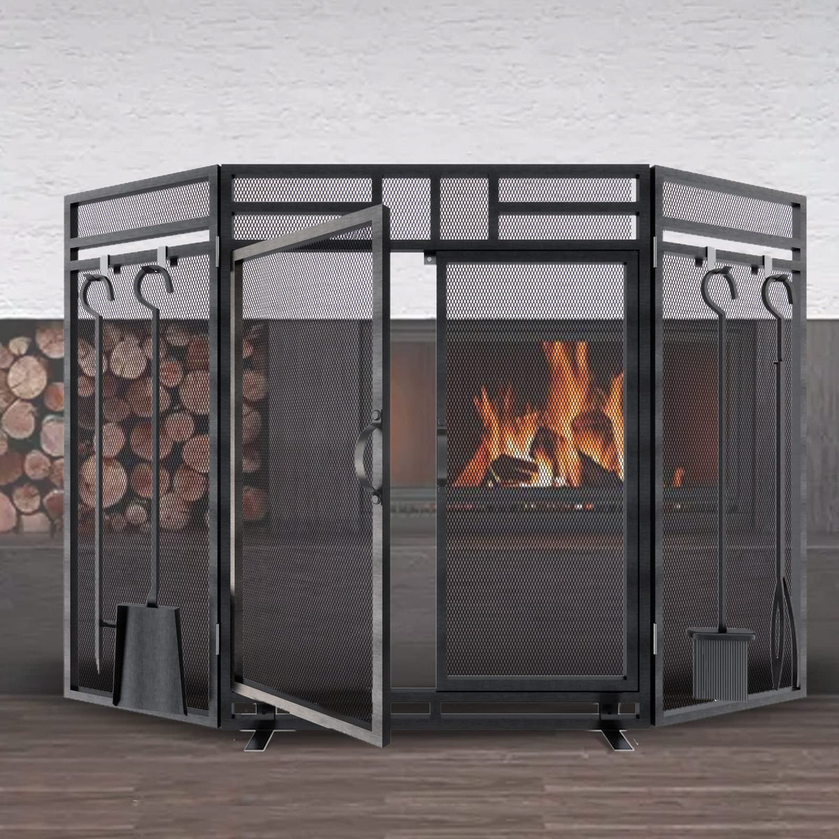 Black 3 Panel Foldable Metal Fireplace Screen with Tools N977915