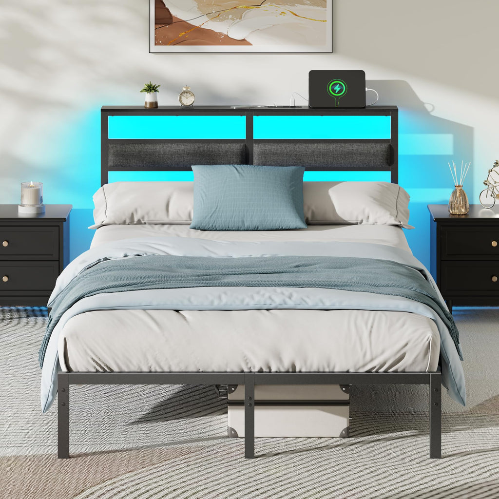 Full Size Black Platform Bed with LED Lights & Charging C798