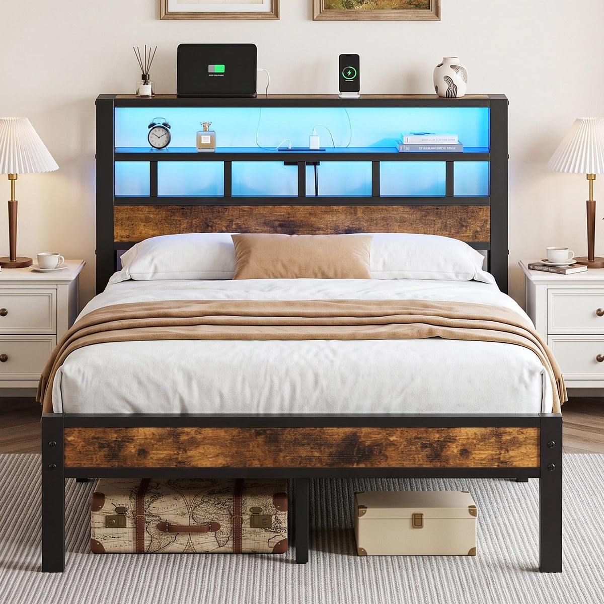 Metal Platform Bed with Charging Station and LED P454