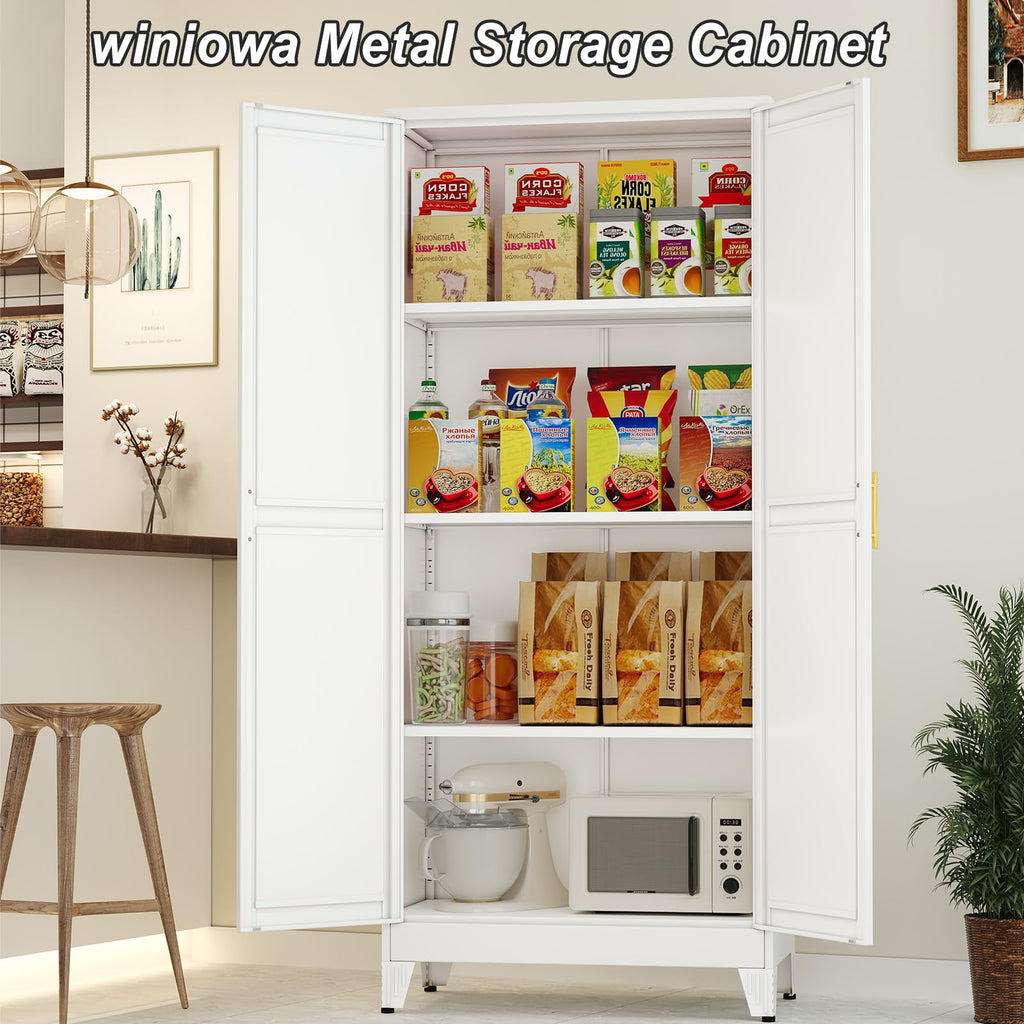 White Metal Pantry Cabinet with 2 Doors and Adjustable Shelves L872