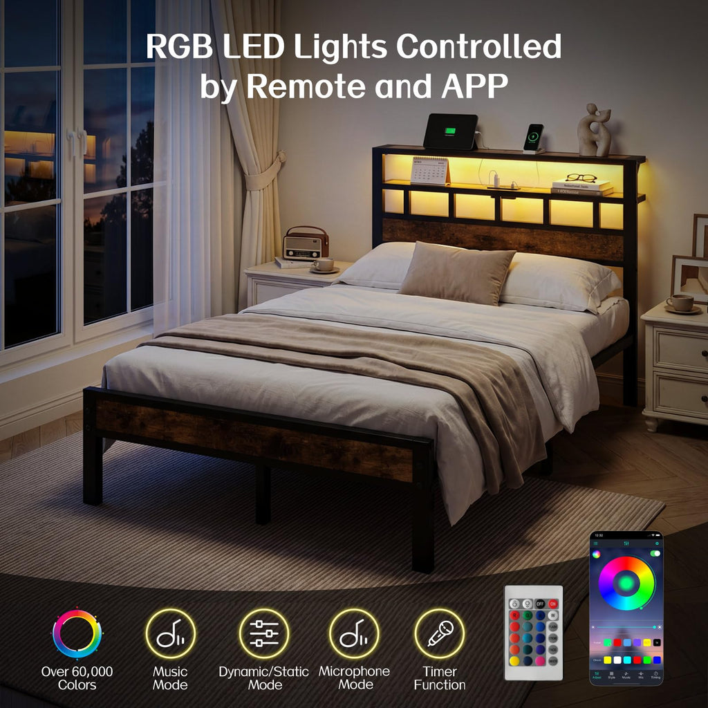 Metal Platform Bed with Charging Station and LED P454