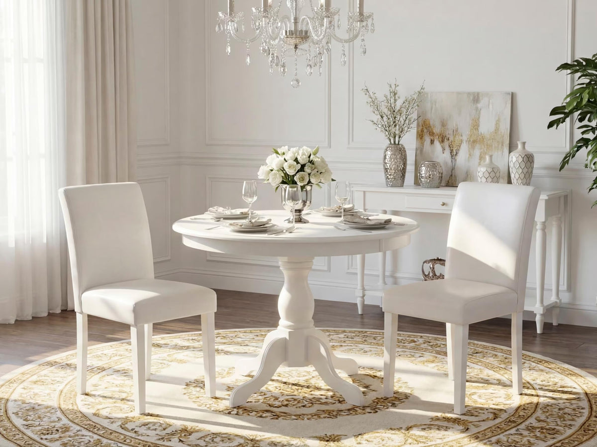 3 Piece Round Dining Table Set with 2 White Faux Leather Chairs P8380