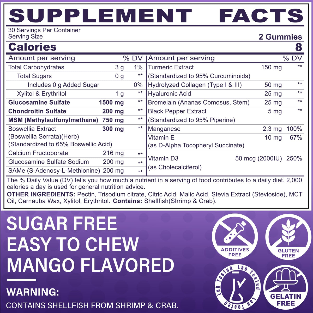 Glucosamine Chondroitin Gummies with MSM, No Sugar, 120 Cts U181017