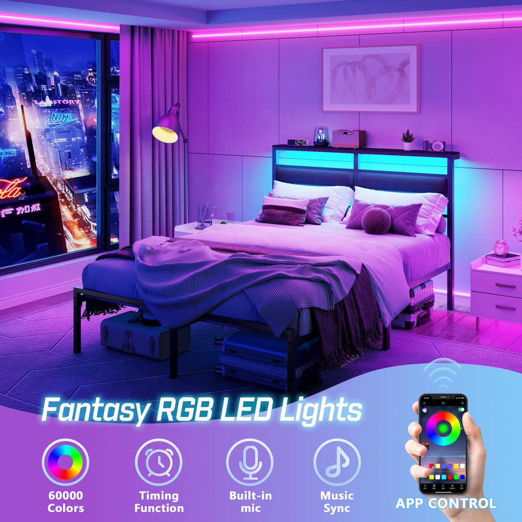Full Size Black Platform Bed with LED Lights & Charging C798