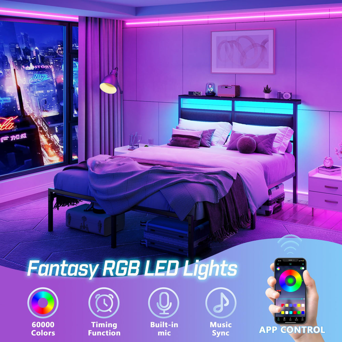 Full Size Black Platform Bed with LED Lights & Charging C798