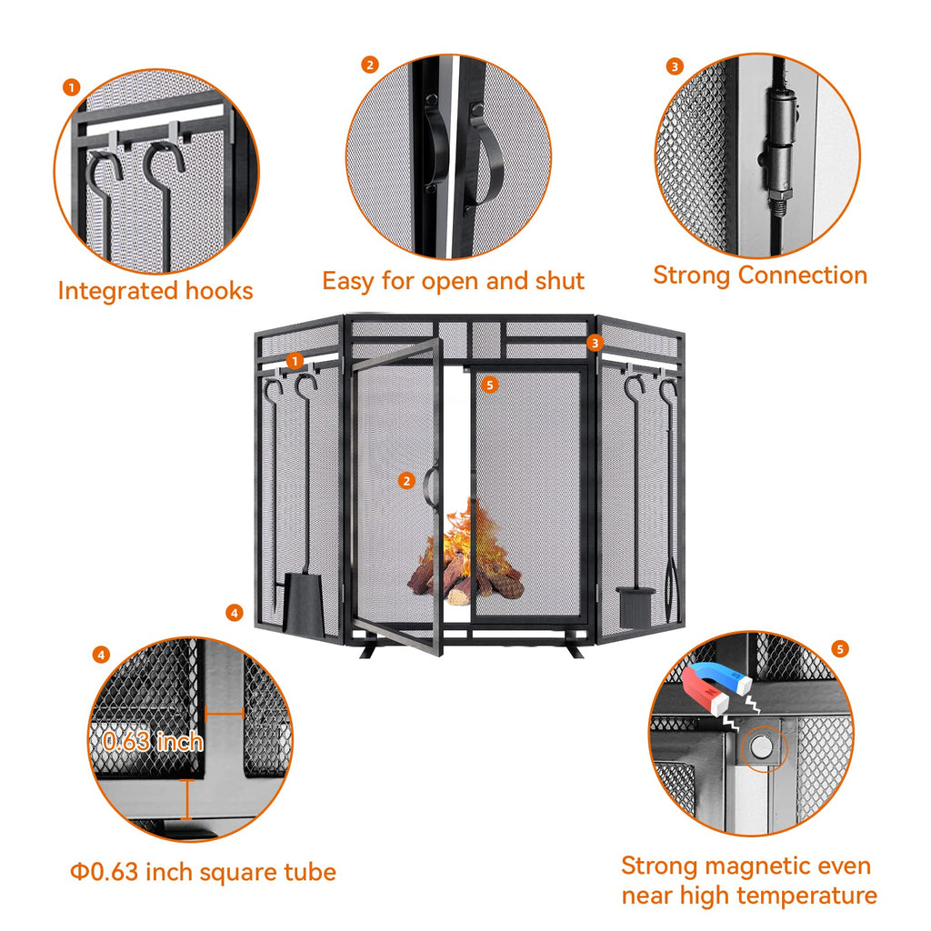 Black 3 Panel Foldable Metal Fireplace Screen with Tools N977915