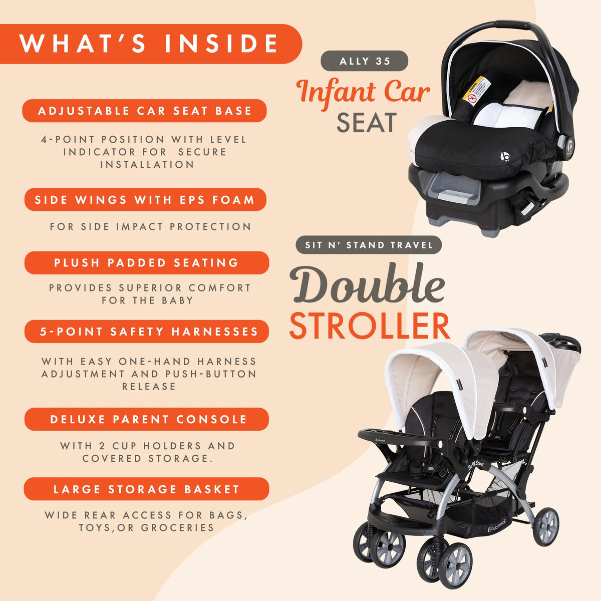 Khaki 3 Pc Double Stroller & 2 Car Seats N440601