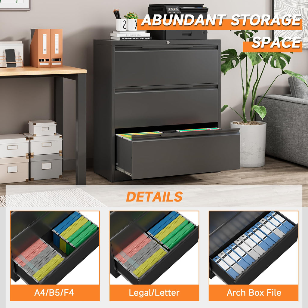 Black 3 Drawer Lockable Metal Lateral File Cabinet C100426