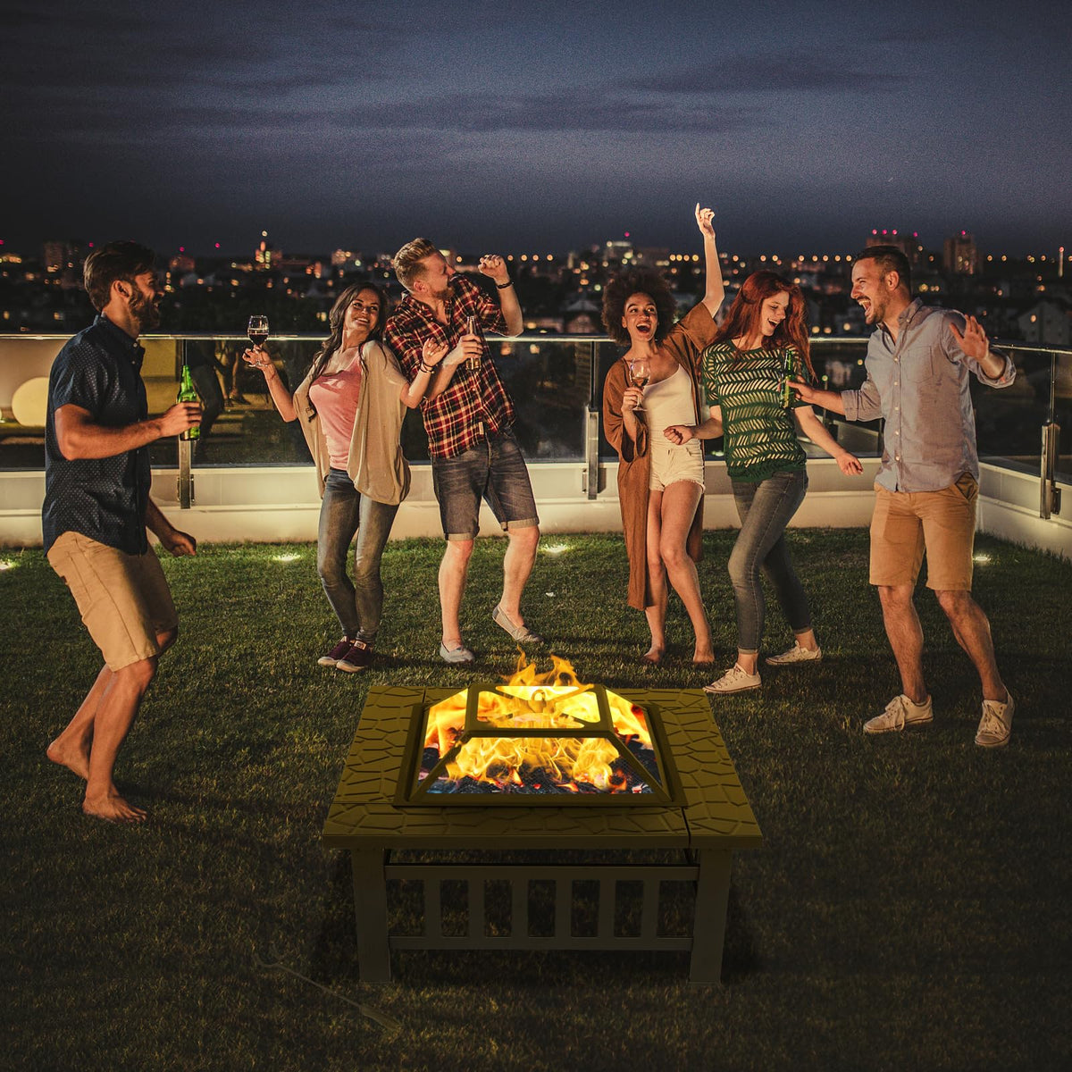 32in Wood Fire Pit with Mesh Lid and Fire Poker X5790