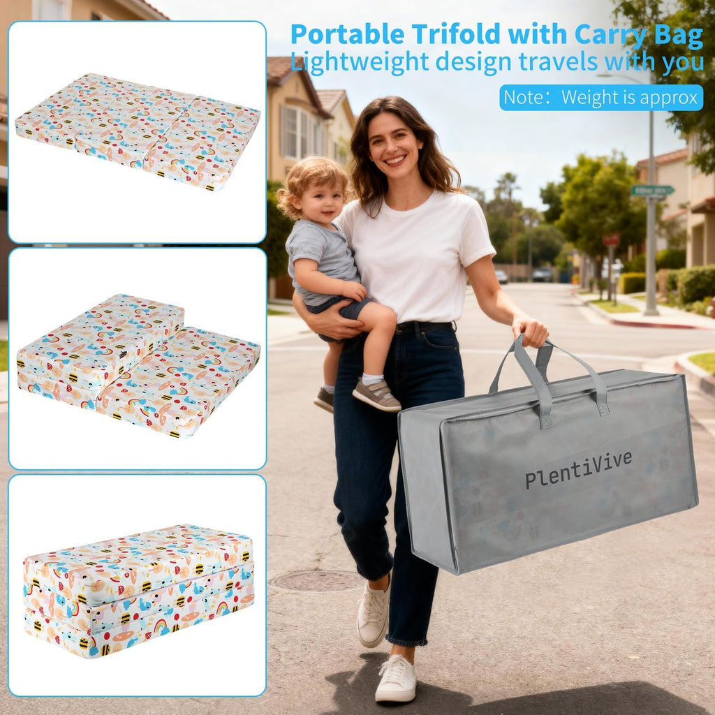 Trifold Pack and Play Mattress 38x26, Dual Sided Foldable Waterproof Washable Portable Crib Mattress Topper with Carry Bag O21724