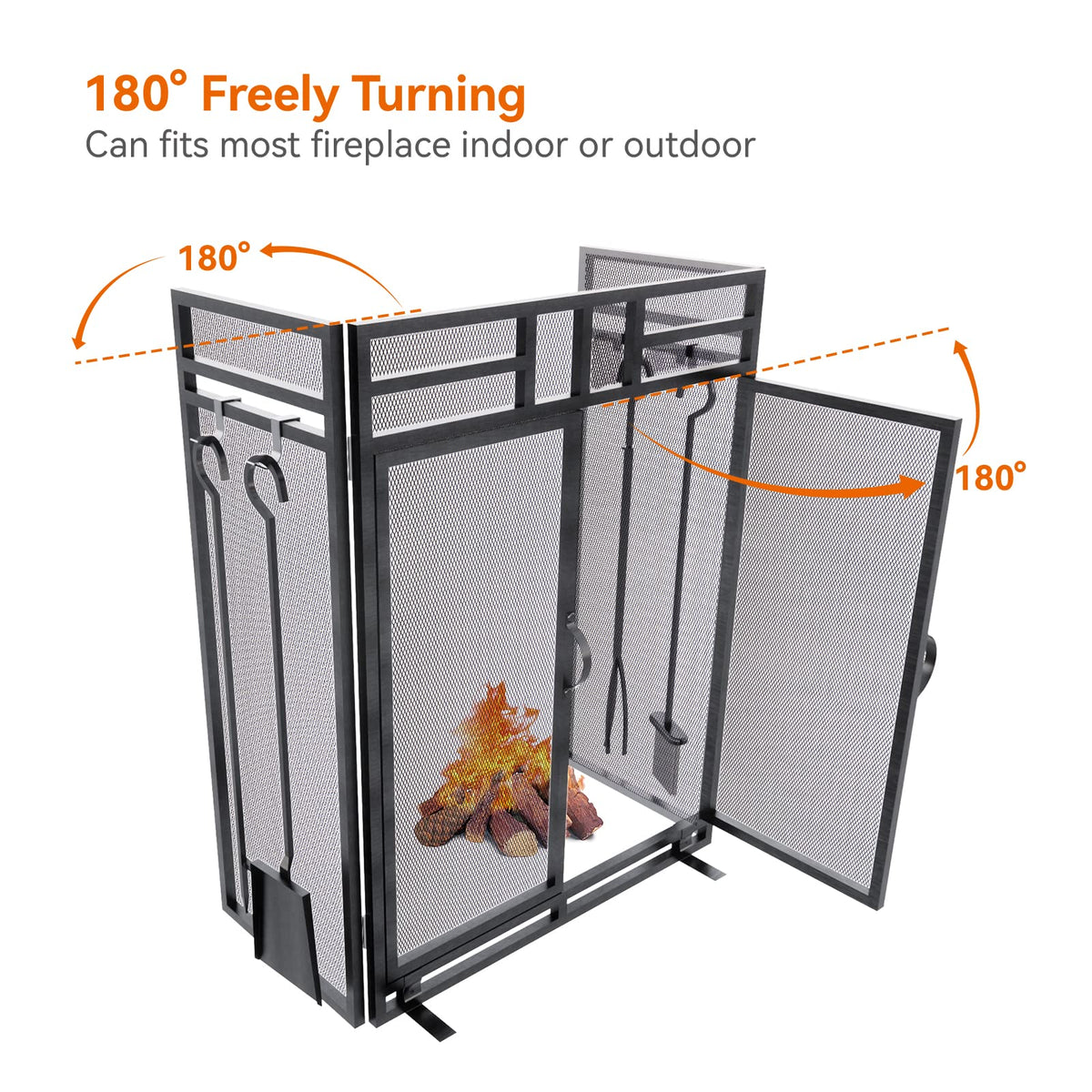 Black 3 Panel Foldable Metal Fireplace Screen with Tools N977915
