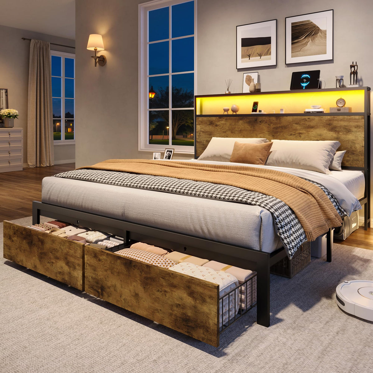 Queen Metal Bed Frame with Storage Headboard and 2 Drawers A100388