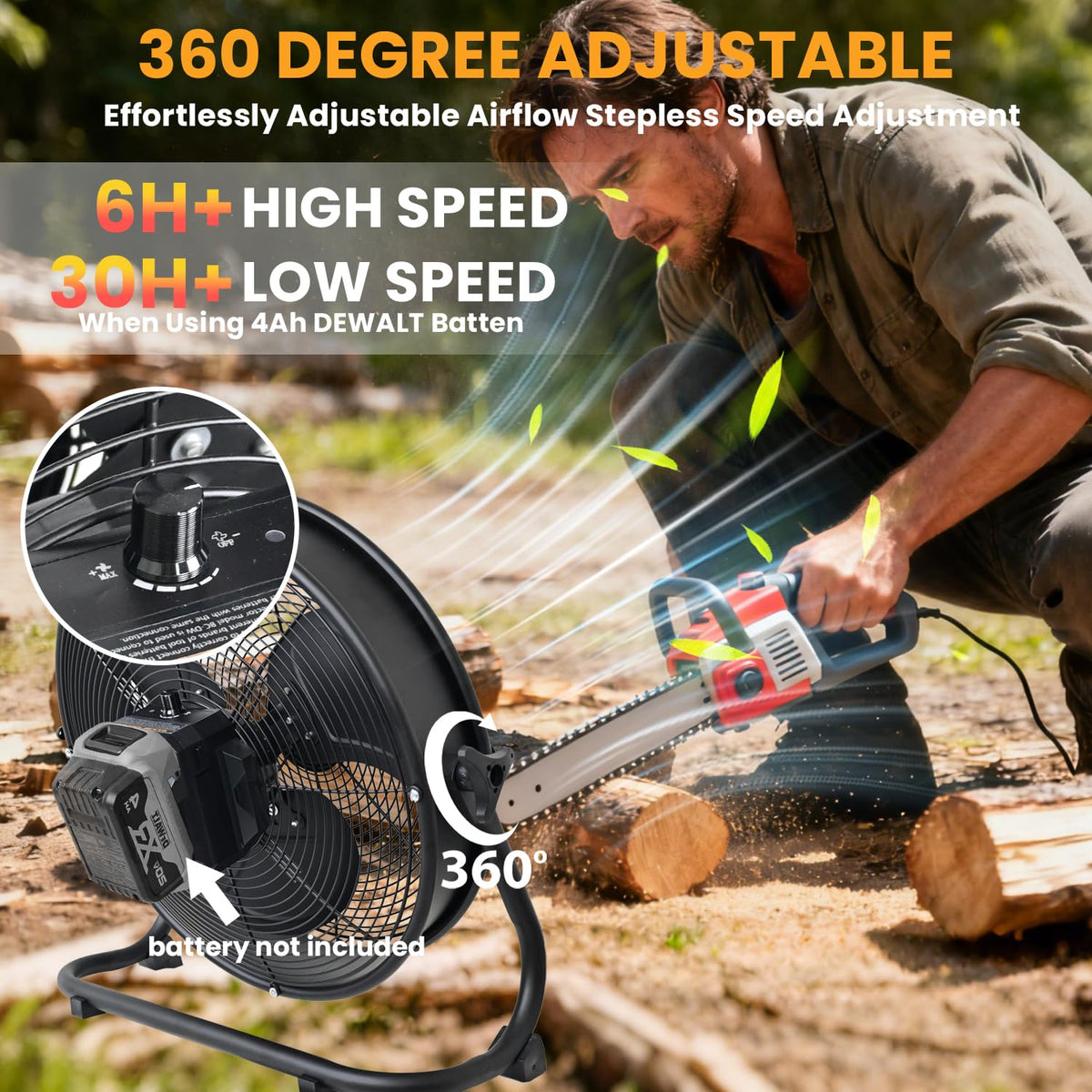 14" Battery Operated Floor Fan with AC Adapter, 1500 CFM Variable Speed Metal Fan U2245