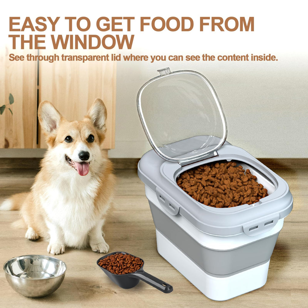 Collapsible Dog Cat Food Storage Container with Scoop Grey H44472