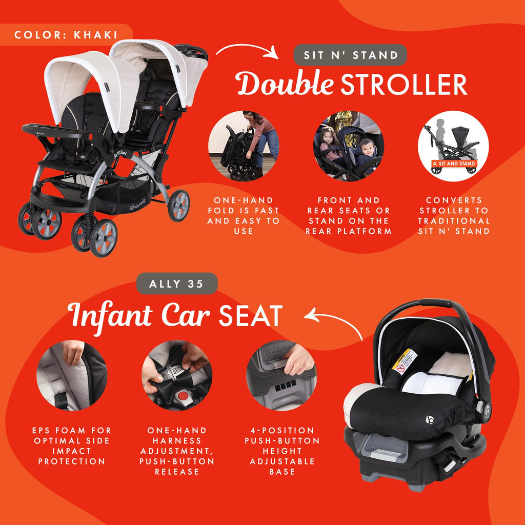 Khaki 3 Pc Double Stroller & 2 Car Seats N440601