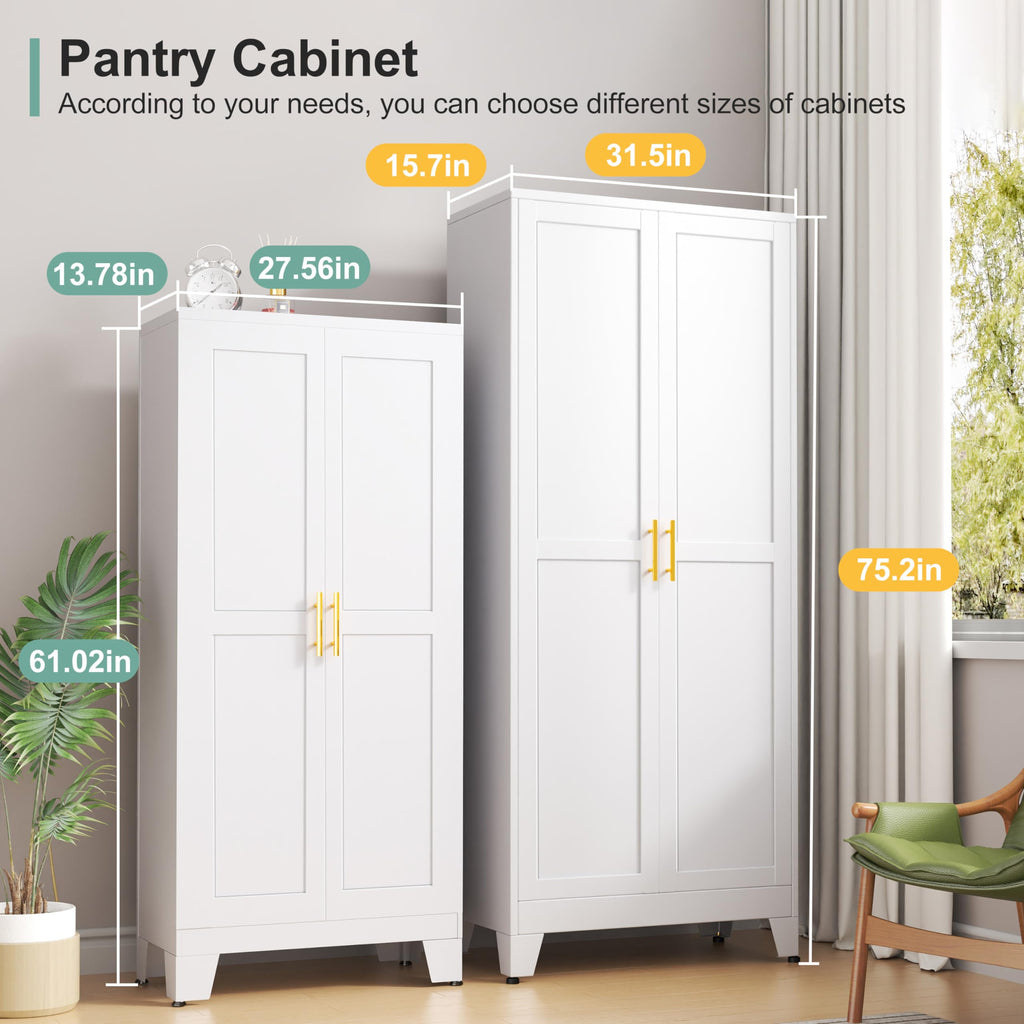White Metal Pantry Cabinet with 2 Doors and Adjustable Shelves L872