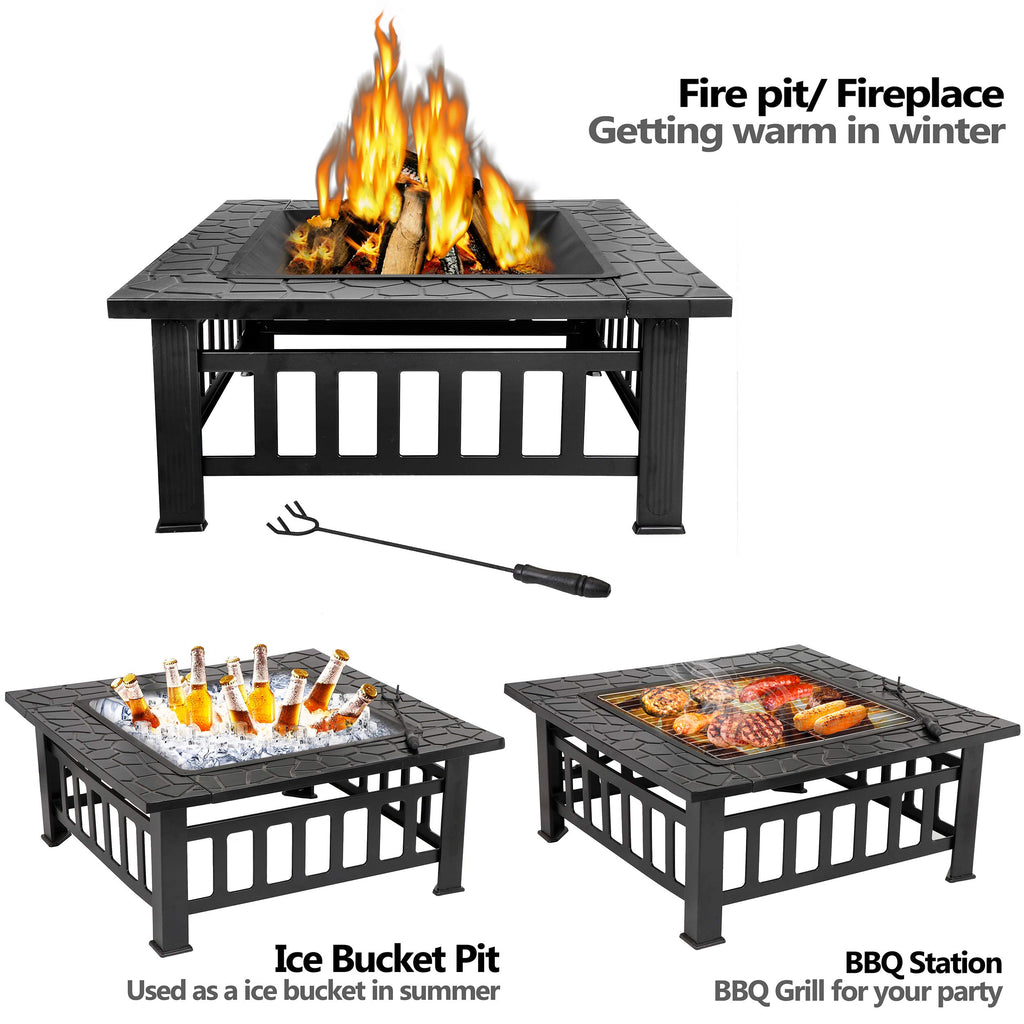 32 Inch Square Metal Outdoor Fire Pit with Spark Screen Lid and Waterproof Cover O834