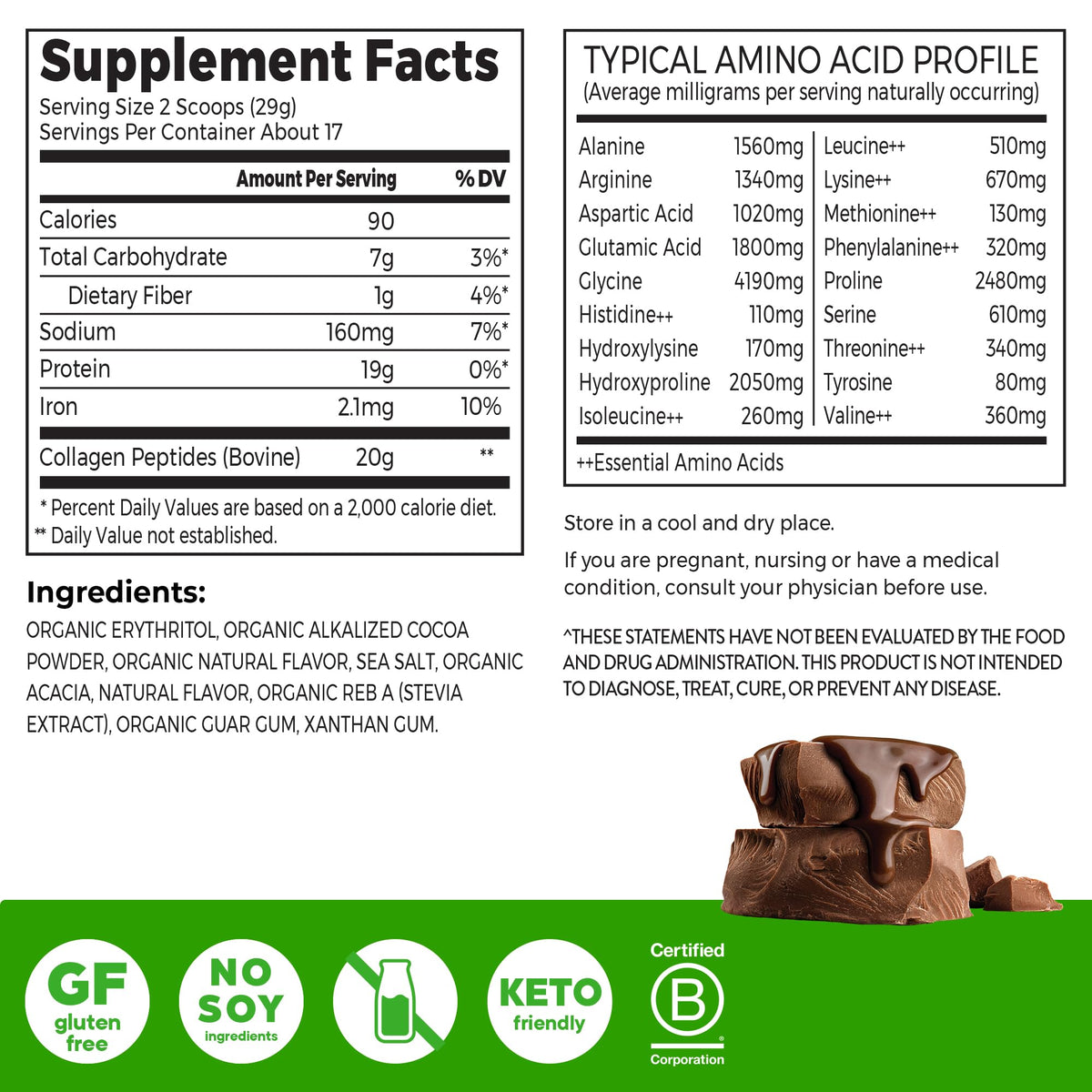 Hydrolyzed Collagen Peptides Powder, Chocolate, 1lb U651182