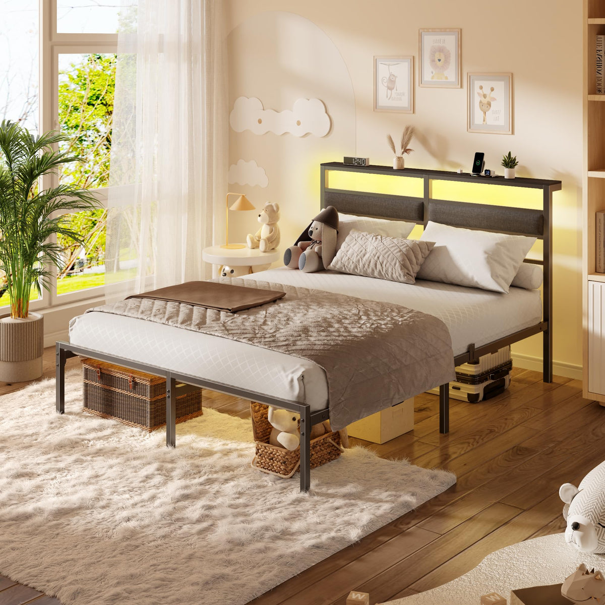 Full Size Black Platform Bed with LED Lights & Charging C798