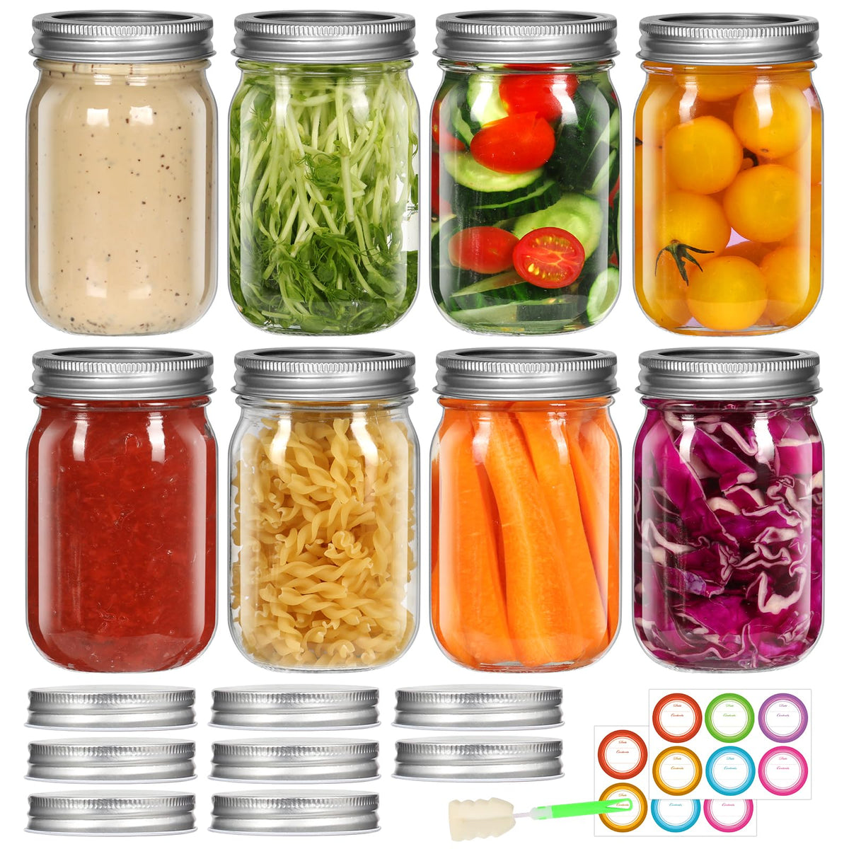 12 oz 8 Pack Regular Mouth Glass Mason Jars with Airtight Lids H891103