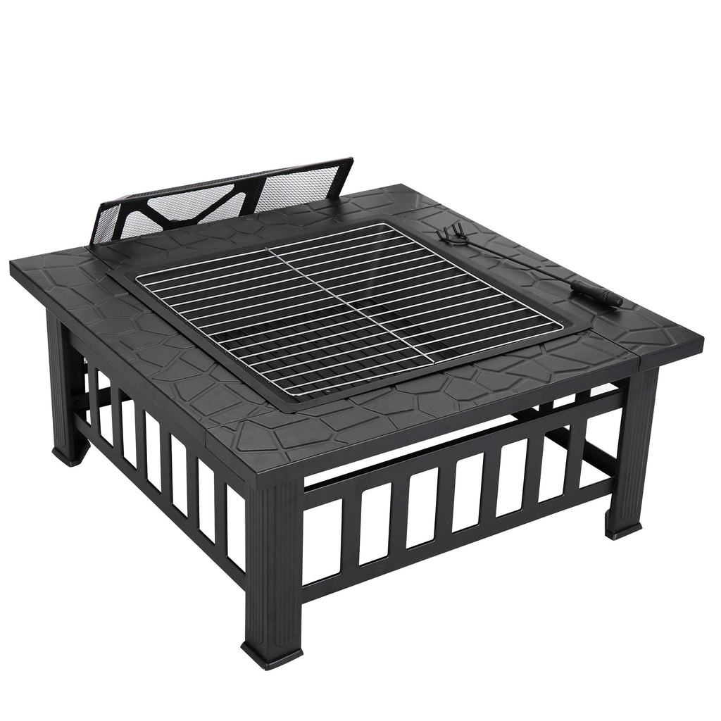 32 Inch Square Metal Outdoor Fire Pit with Spark Screen Lid and Waterproof Cover O834