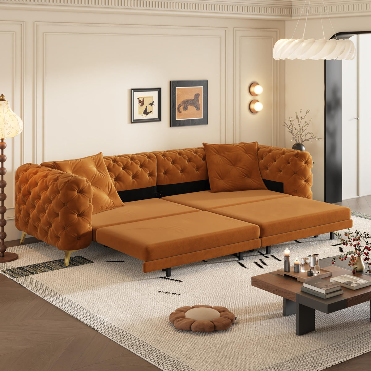 97.7" 3-in-1 Convertible Sleeper Sofa, Tufted Velvet Pull-Out Sofa Bed with Ottoman Q550