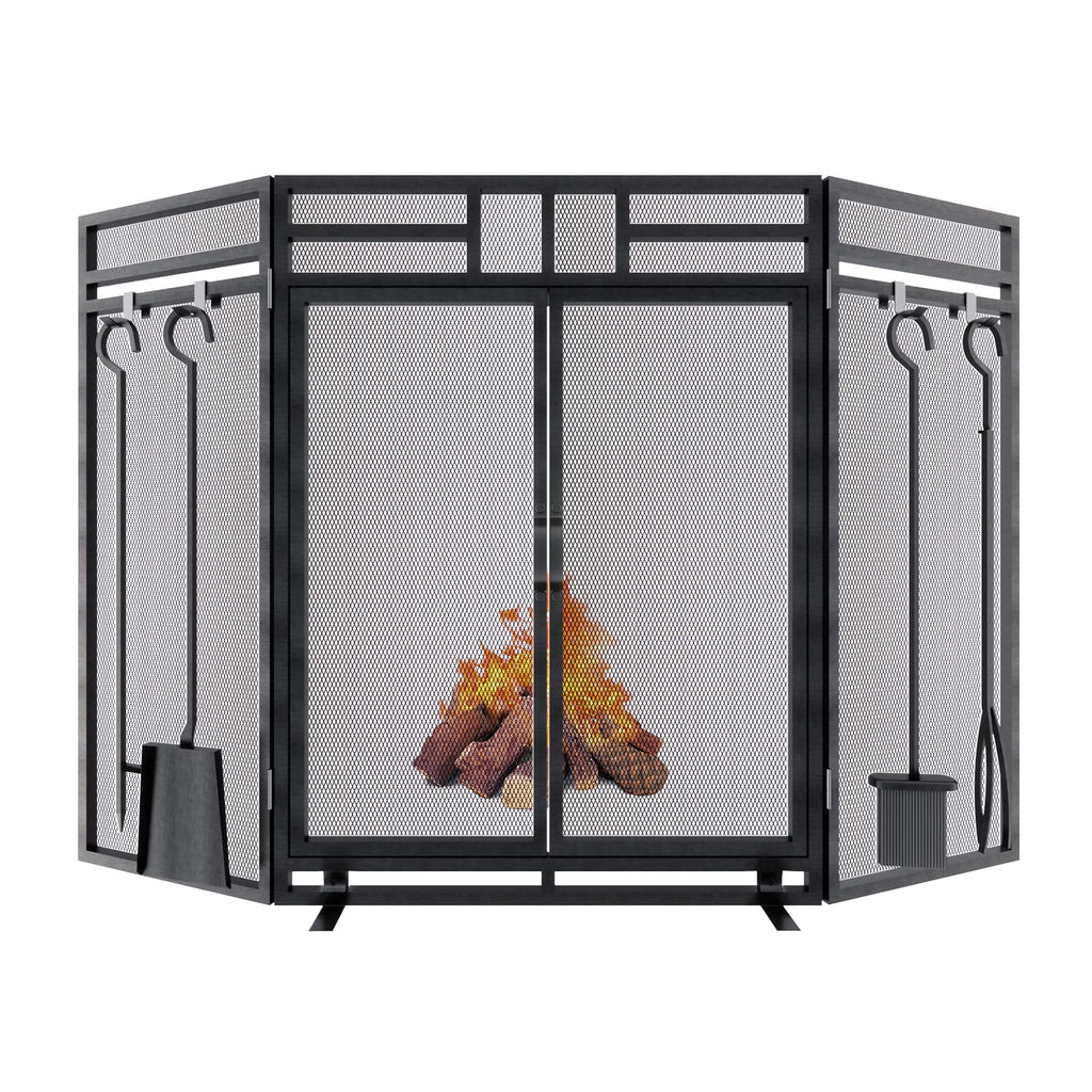Black 3 Panel Foldable Metal Fireplace Screen with Tools N977915